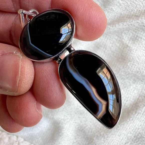 925 You Choose! Banded Black Onyx Chalcedony Pendant Necklace - Picture 9 of 10